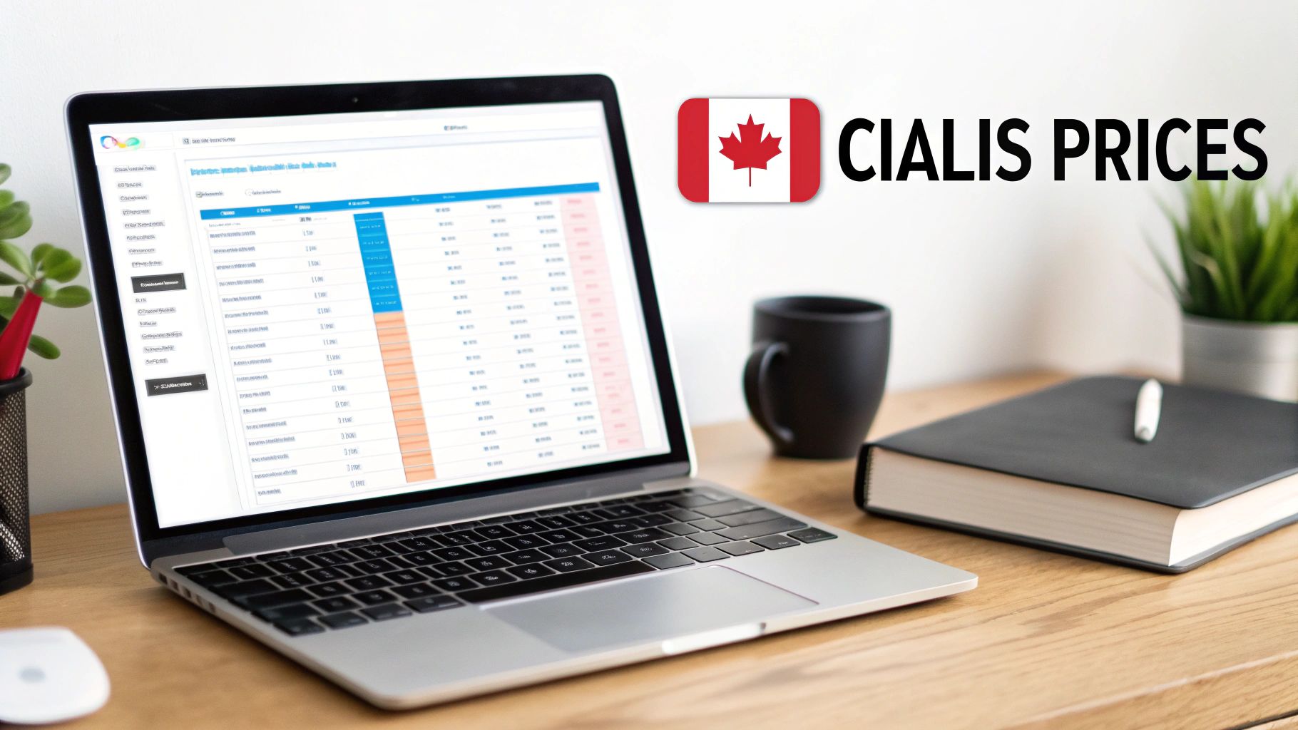 A laptop on a wooden desk displays data, with a Canadian flag and 'CIALIS PRICES' text overlay.