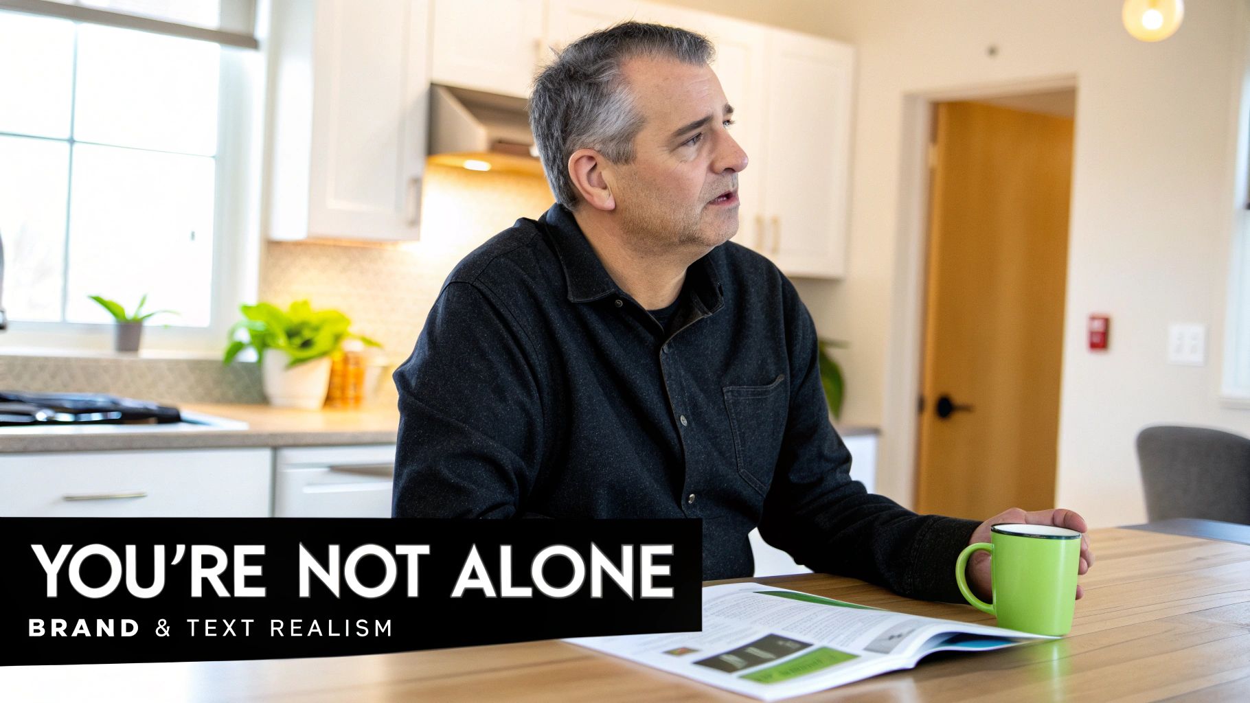 A middle-aged man sits at a table, holding a green mug, looking thoughtful in a bright kitchen.