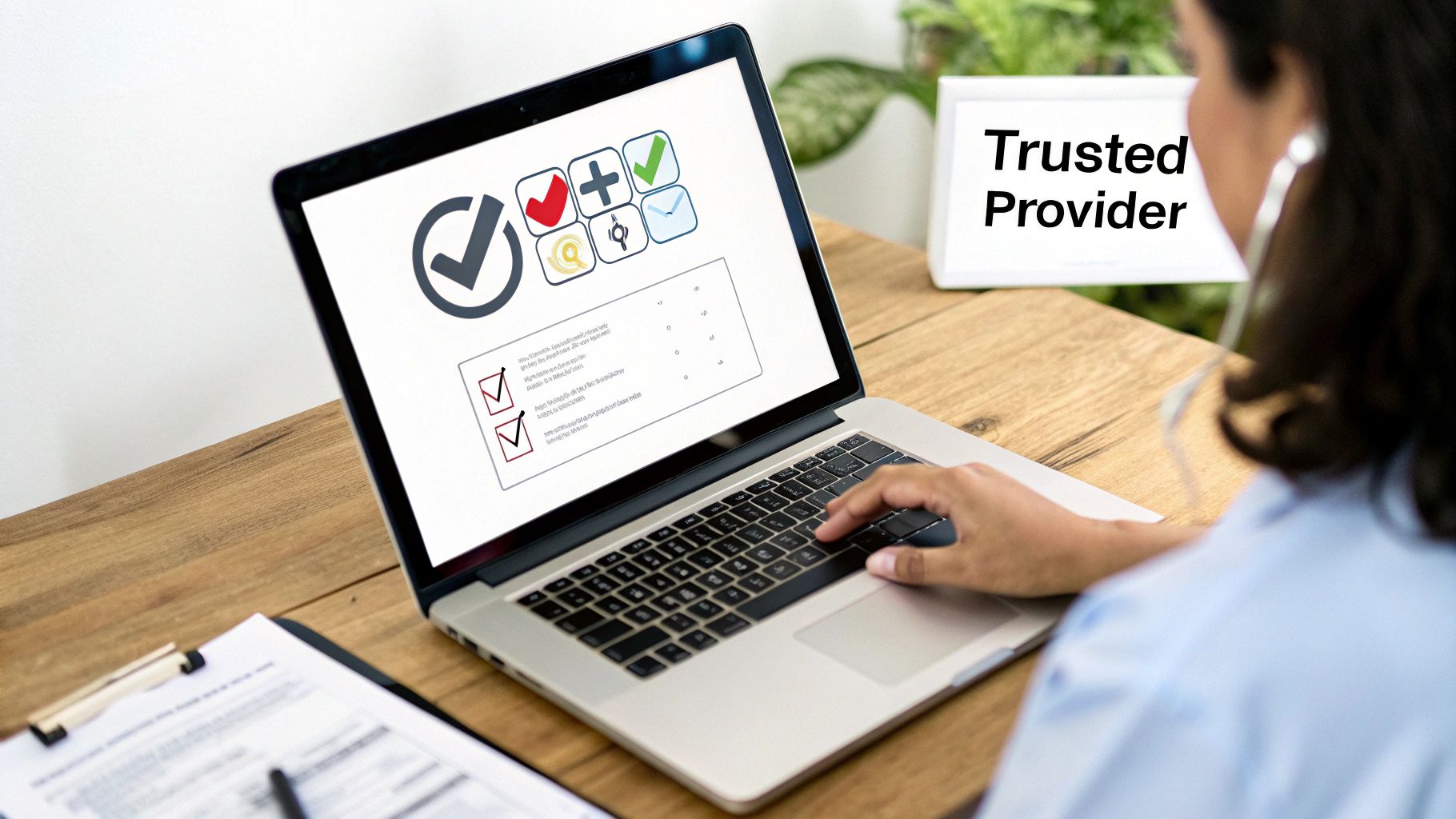A person uses a laptop displaying healthcare-related icons, next to a 'Trusted Provider' sign, implying reliable online services.