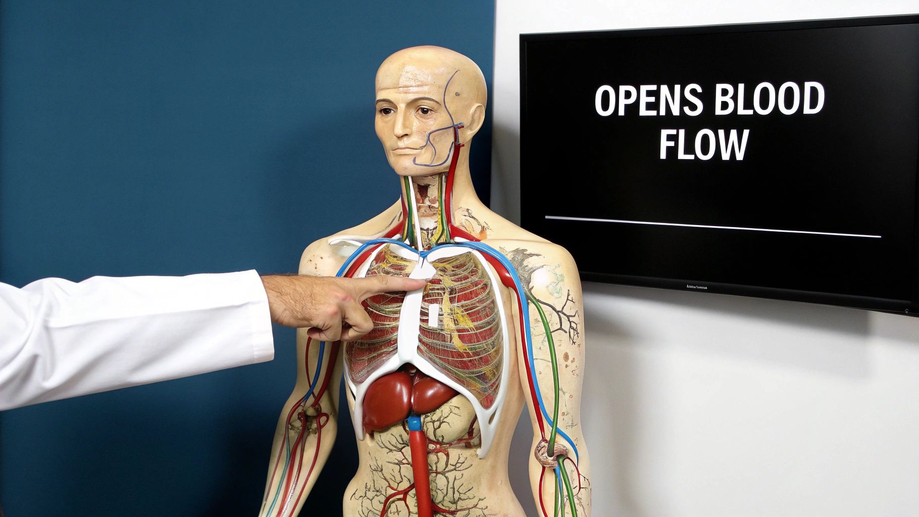 A diagram showing blood vessels, illustrating the mechanism of sildenafil in improving blood flow.