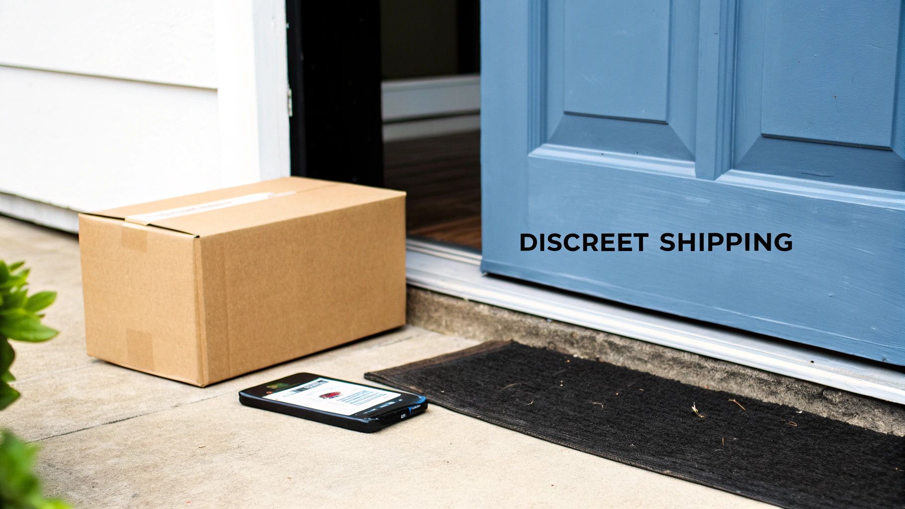 A brown cardboard package and smartphone on a porch by an open blue door, emphasizing discreet shipping.