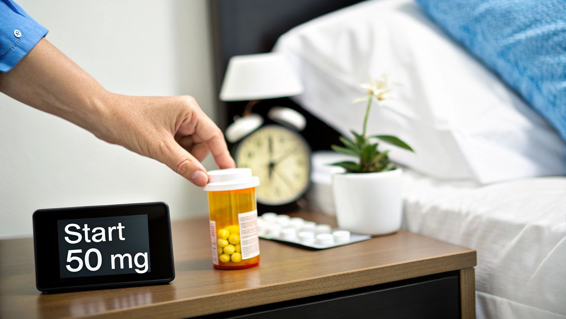 A hand reaches for a pill bottle next to a digital display showing 'Start 50 mg' on a nightstand.