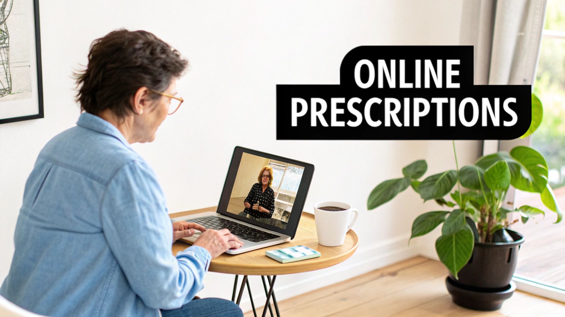 An older woman consulting a doctor online via laptop, featuring overlaid text 'ONLINE PRESCRIPTIONS'.