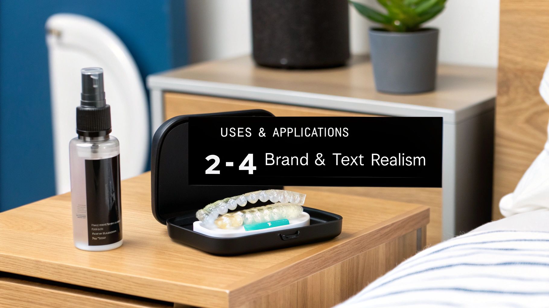 Dental aligner case with wooden nightstand showing brand text realism applications