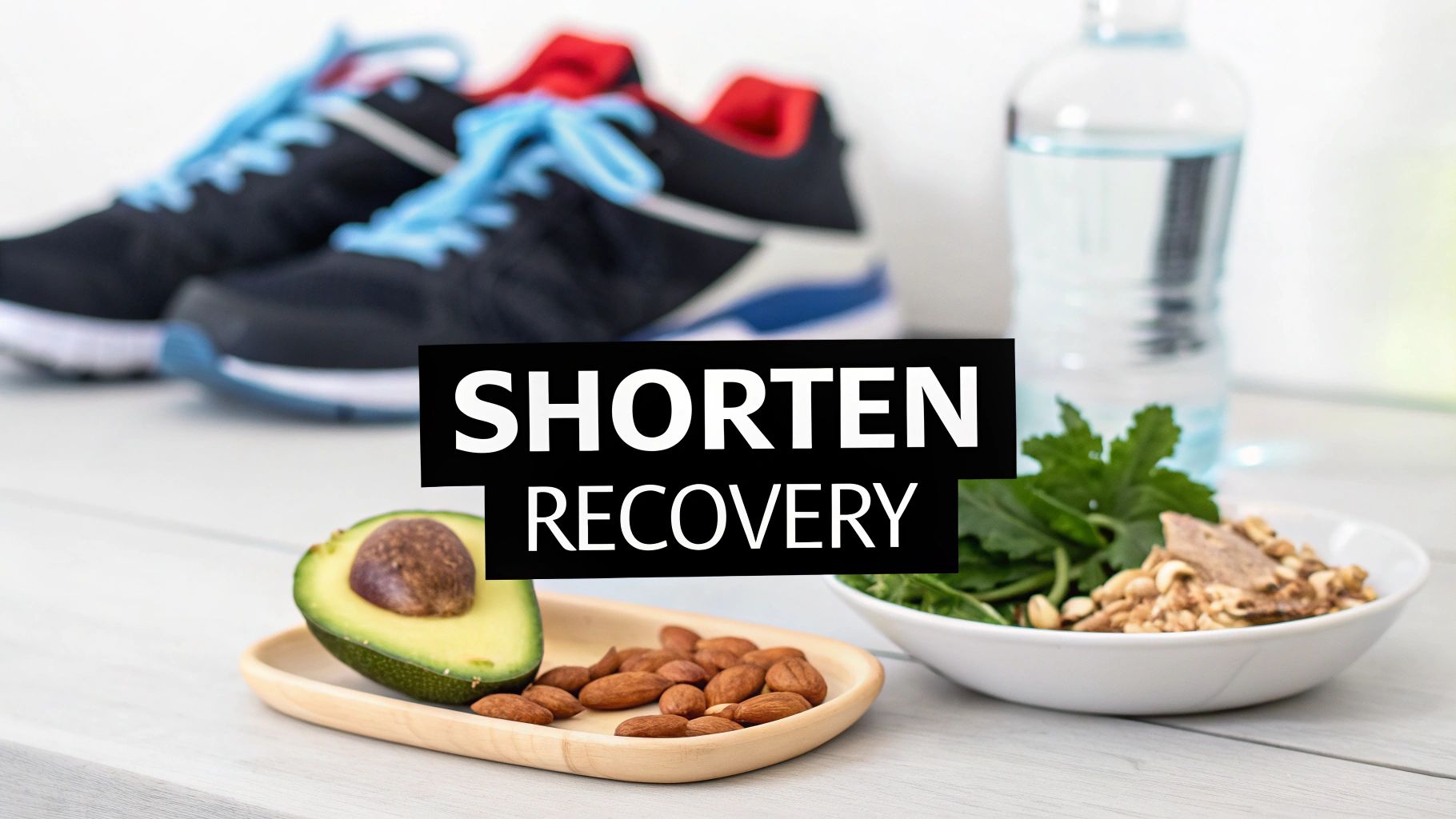 Healthy post-workout recovery meal with avocado, almonds, greens, nuts, water, and running shoes.