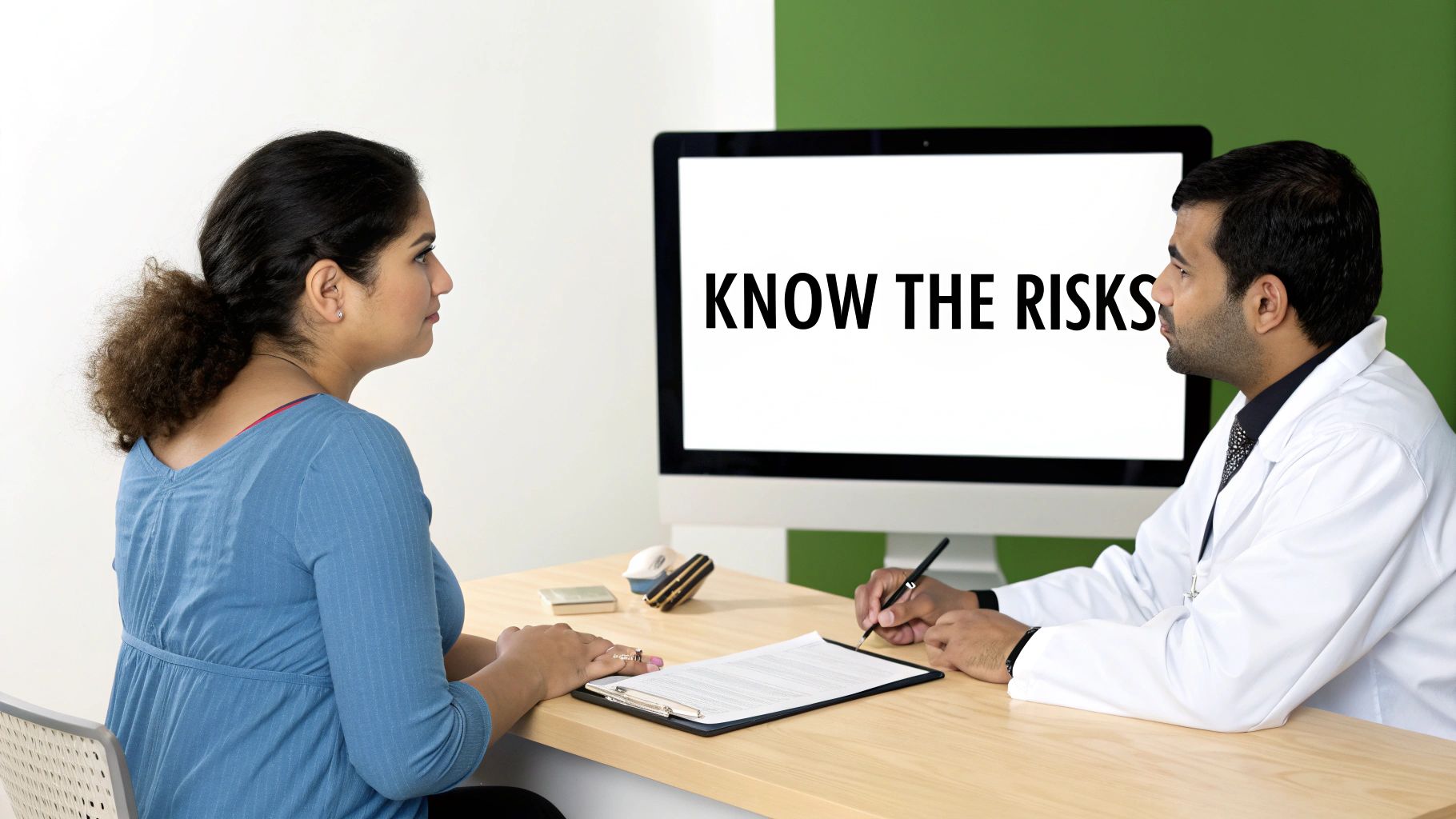 Doctor discussing medical treatment risks with female patient during healthcare consultation in clinic