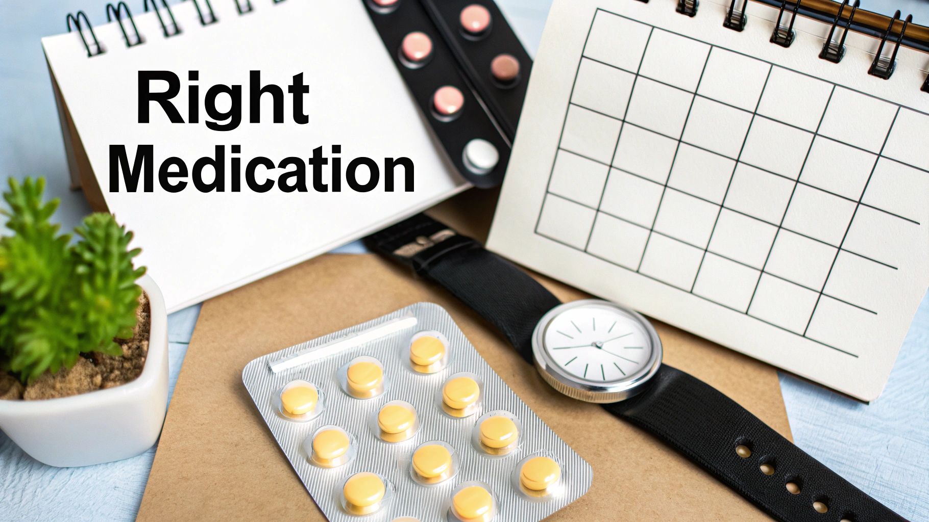 Notepad with 'Right Medication' text, blister pack of pills, calendar, and a wrist watch.