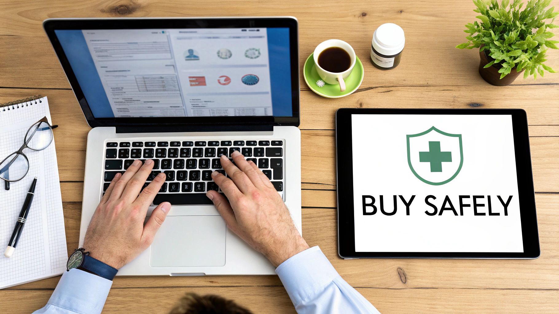 Person typing on laptop with buy safely message and medical shield icon on tablet screen
