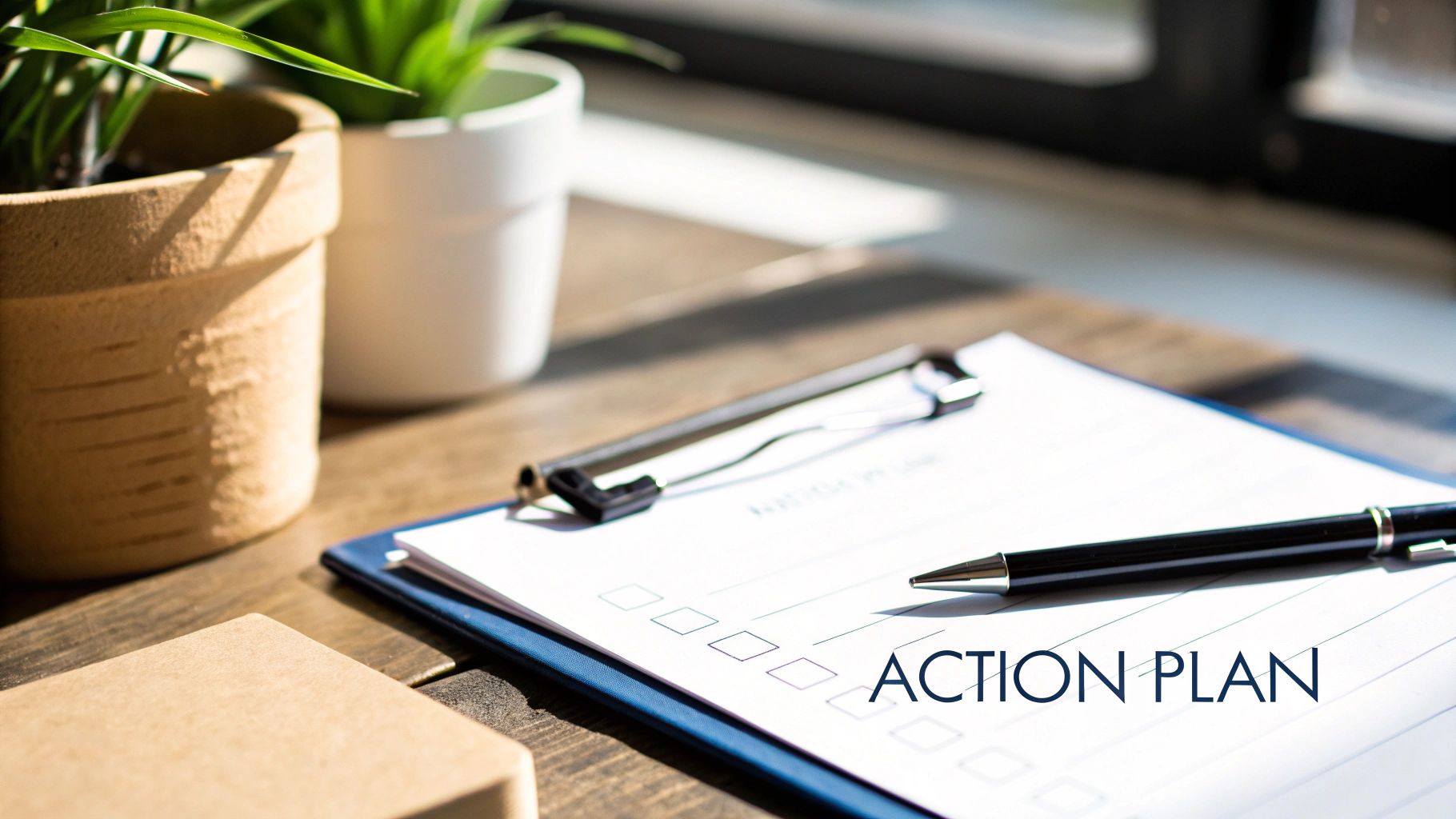 A close-up of an 'ACTION PLAN' document on a clipboard with a pen and checkboxes on a desk.