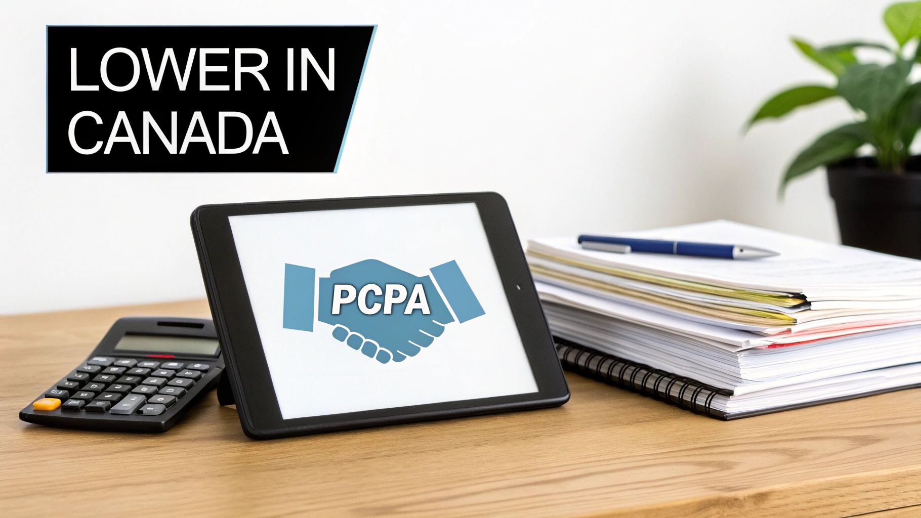 A desk with a tablet showing 'PCPA' and handshake, a calculator, papers, and text 'LOWER IN CANADA'.