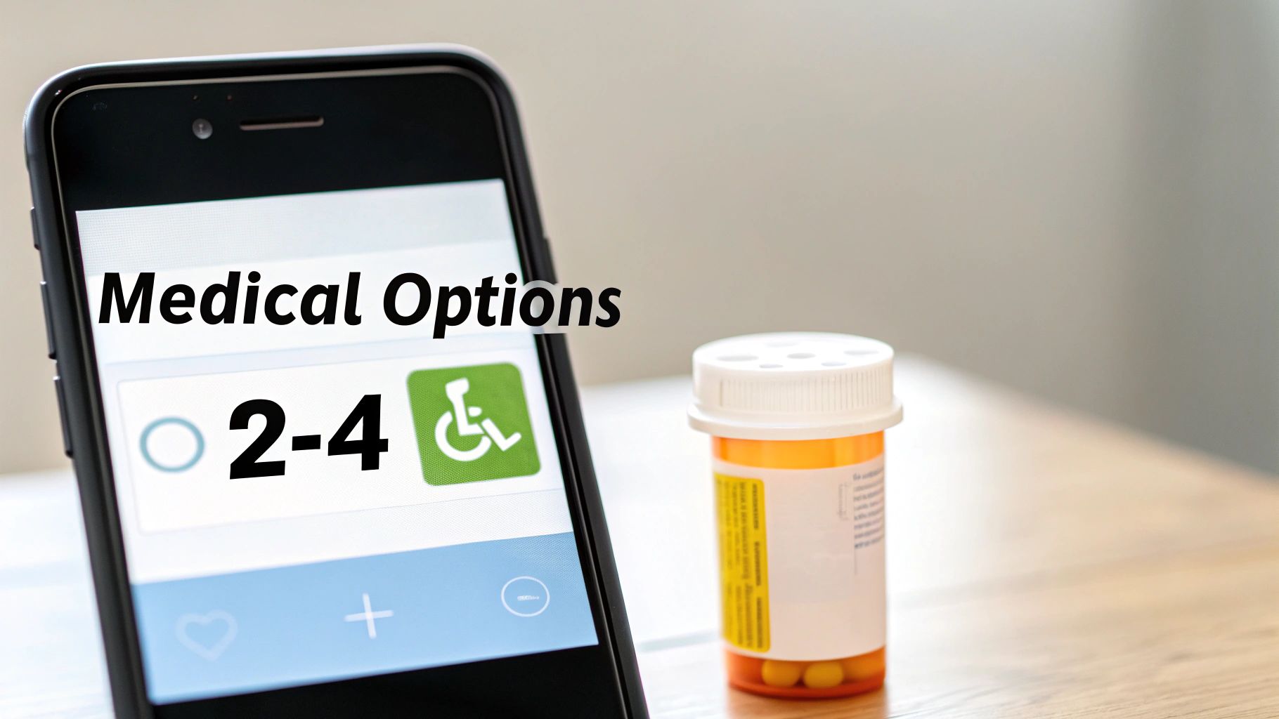 A smartphone displays "Medical Options" with a wheelchair symbol next to a prescription pill bottle.
