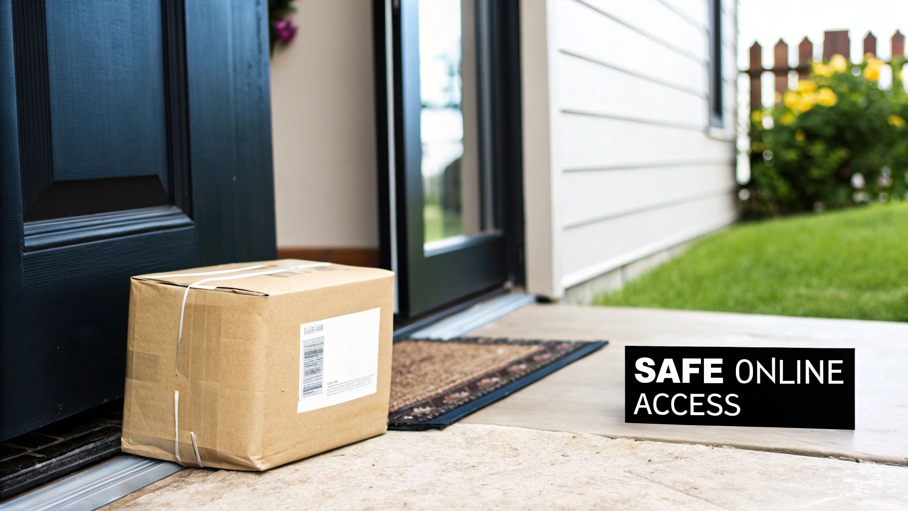 A brown delivery package sits on a porch, next to a sign that reads 'SAFE ONLINE ACCESS'.
