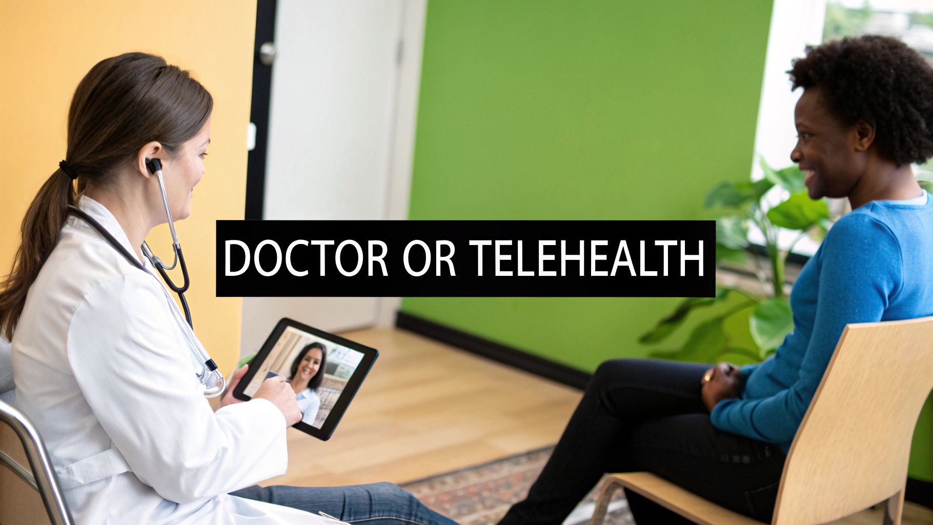 A doctor uses a tablet for a telehealth consultation with a remote patient, an in-person patient watches.