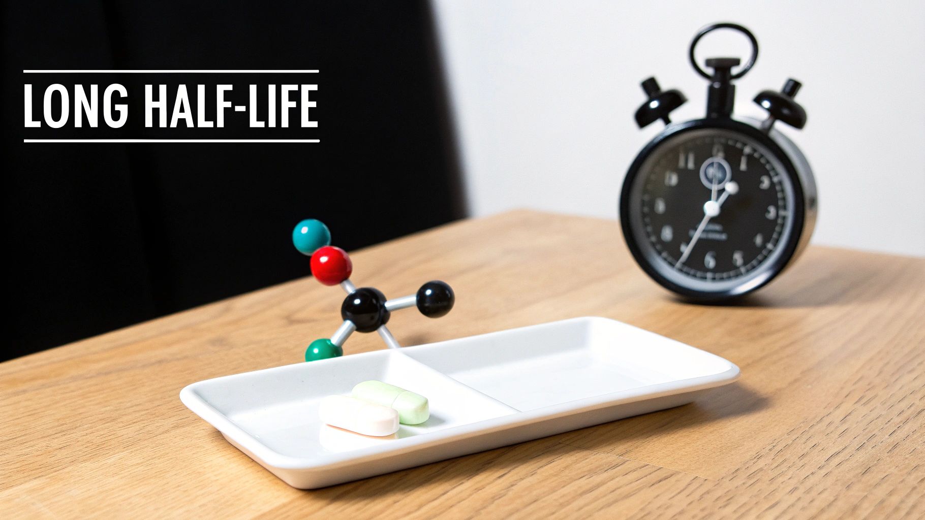 Pills on a white dish, a molecular model, and a black alarm clock on a wooden desk, with "LONG HALF-LIFE" text.