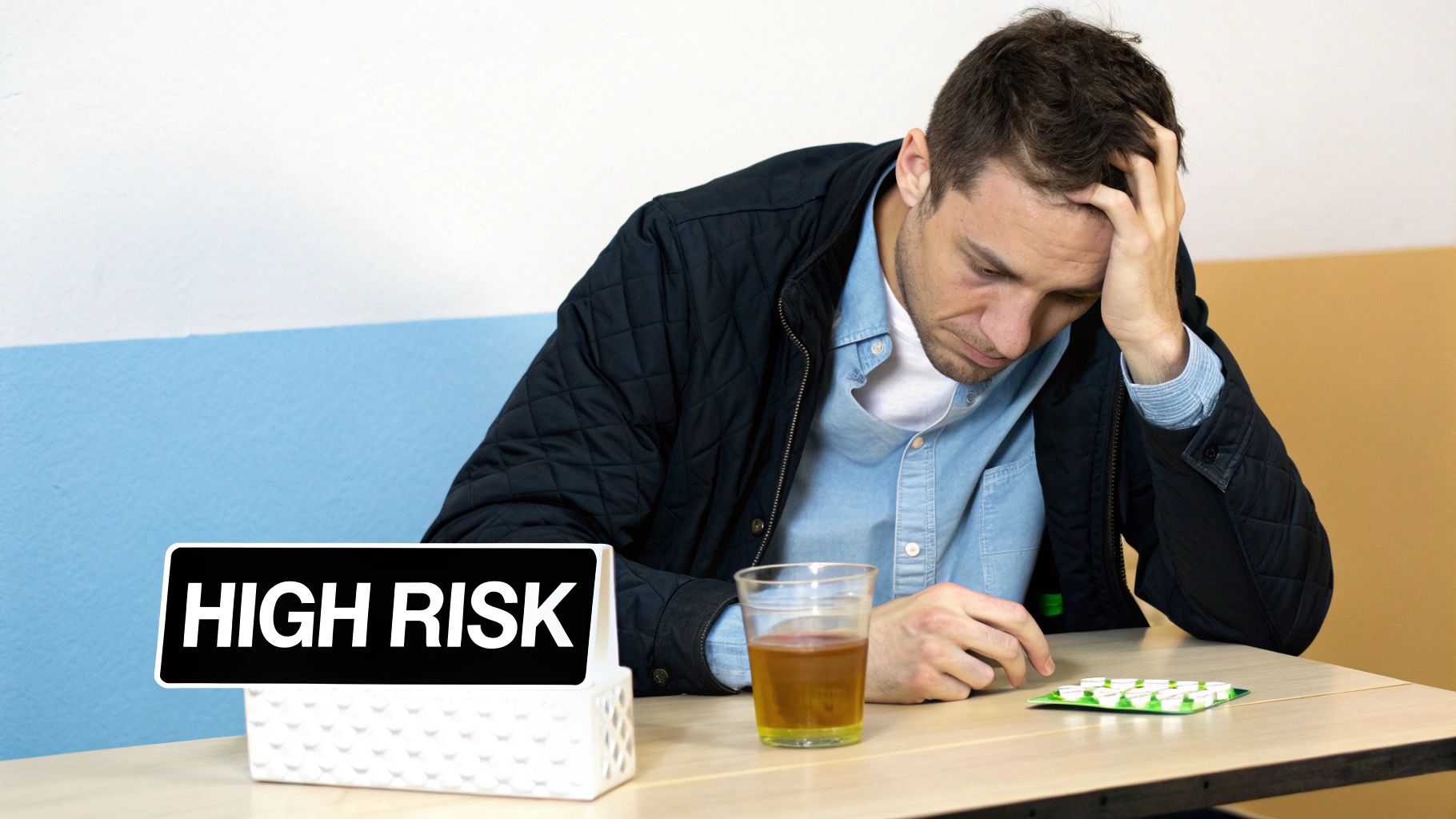 Distressed man looking at pills and alcohol on a table with a 'HIGH RISK' sign.