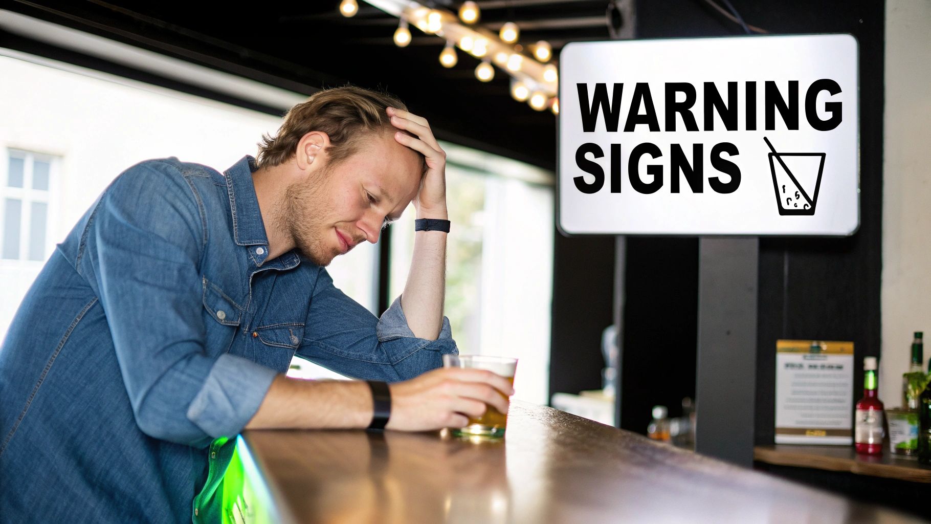 A man looking distressed at a bar with a drink, next to a "WARNING SIGNS" sign.