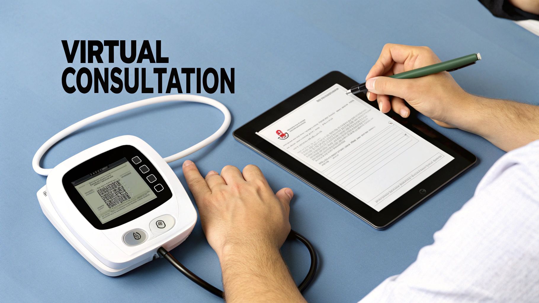 Hands interacting with a tablet and a blood pressure monitor, depicting a virtual medical consultation.