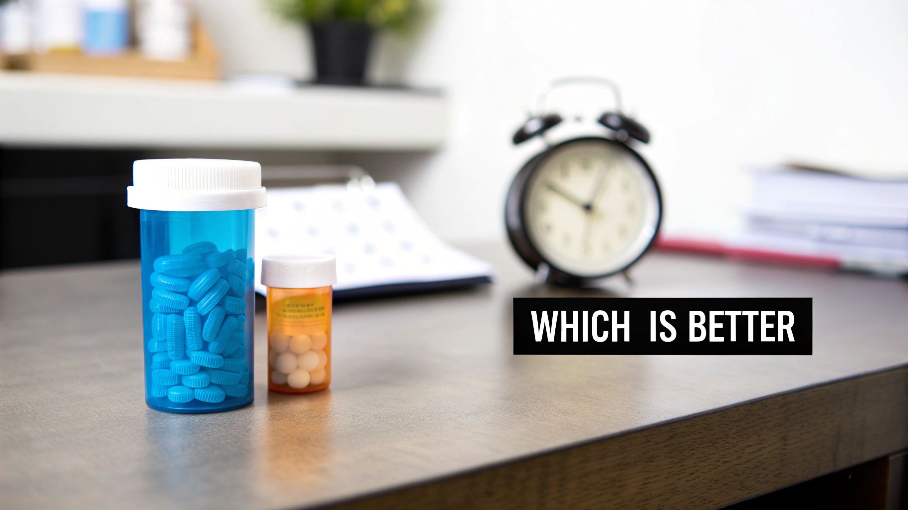 Two medicine bottles of different sizes on a desk with an alarm clock and "WHICH IS BETTER" text.