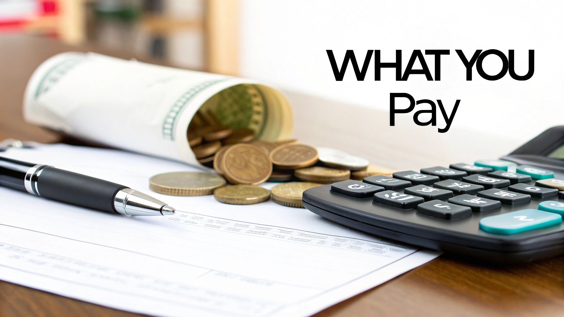 Financial scene with rolled dollar bills, coins, a pen, calculator, and papers, with text 'WHAT YOU Pay'.