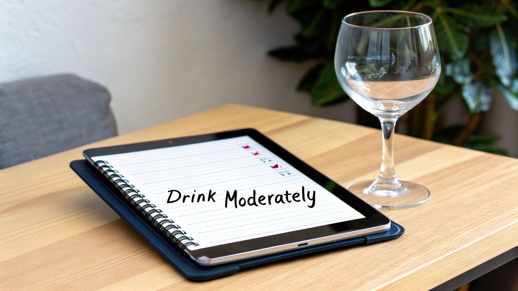 Digital tablet displaying 'Drink Moderately' on its screen, next to a water glass on a wooden table.