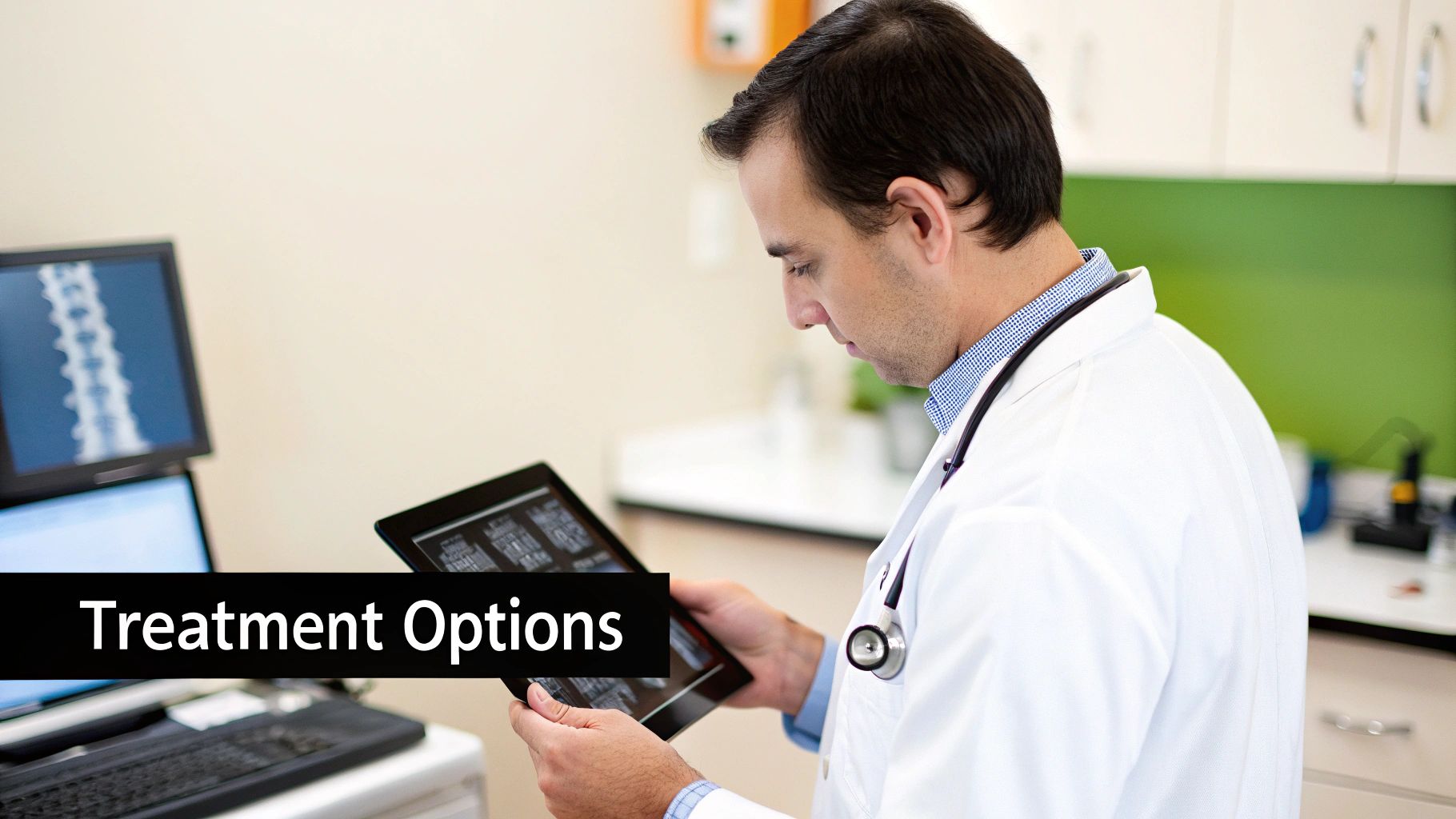 A doctor discussing treatment options with a patient in a bright, modern clinic setting.