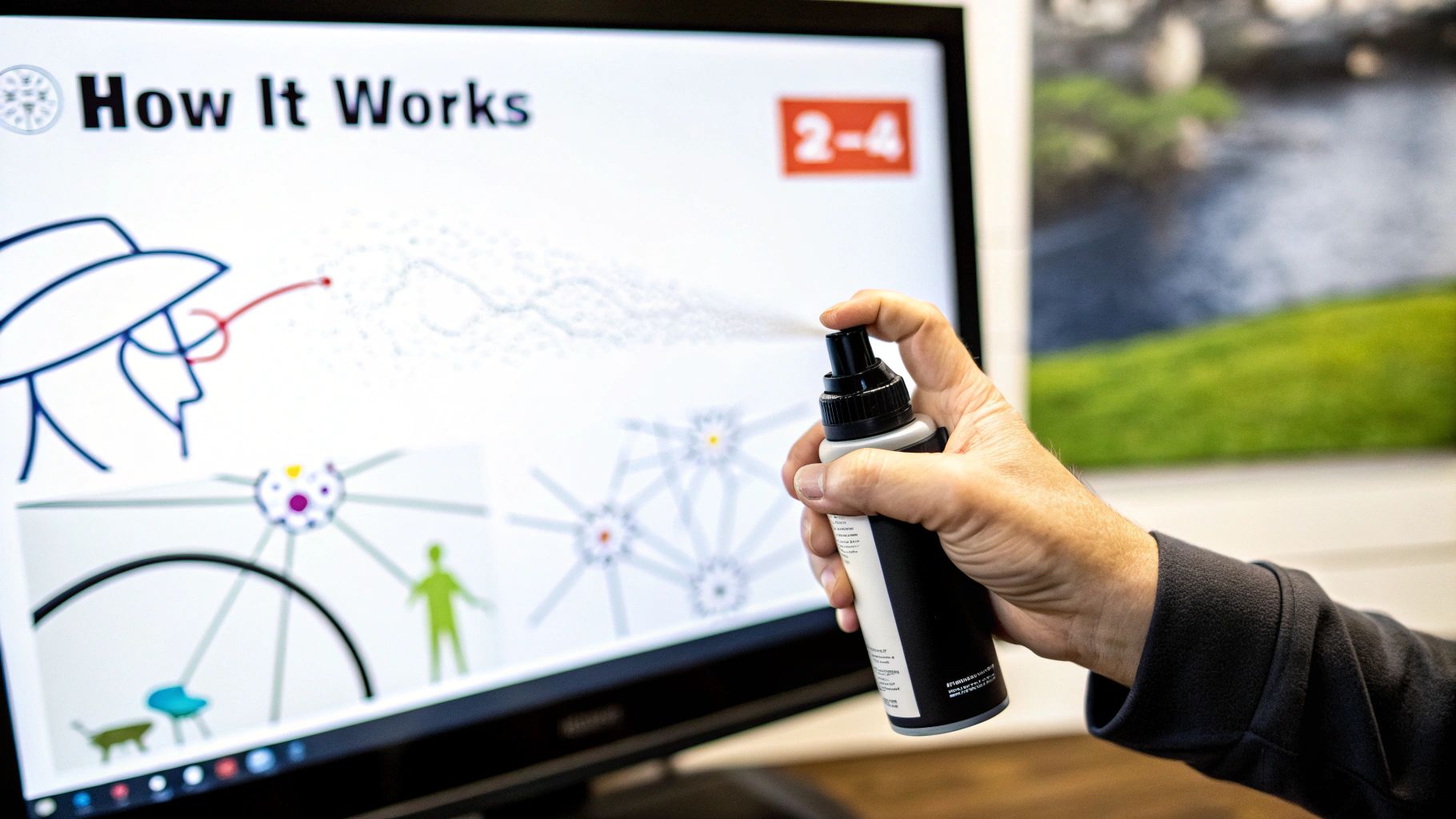 Person holding spray bottle in front of computer screen displaying medical diagram and how it works presentation