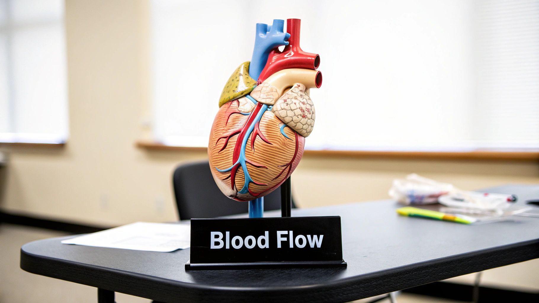 A detailed anatomical human heart model displayed on a table with a 'Blood Flow' sign.