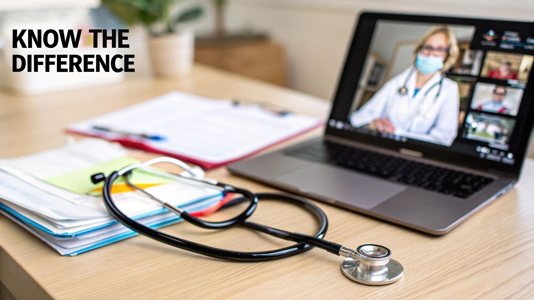 Doctor's desk with laptop displaying a telehealth call, stethoscope, and medical documents. Text 'KNOW THE DIFFERENCE'.