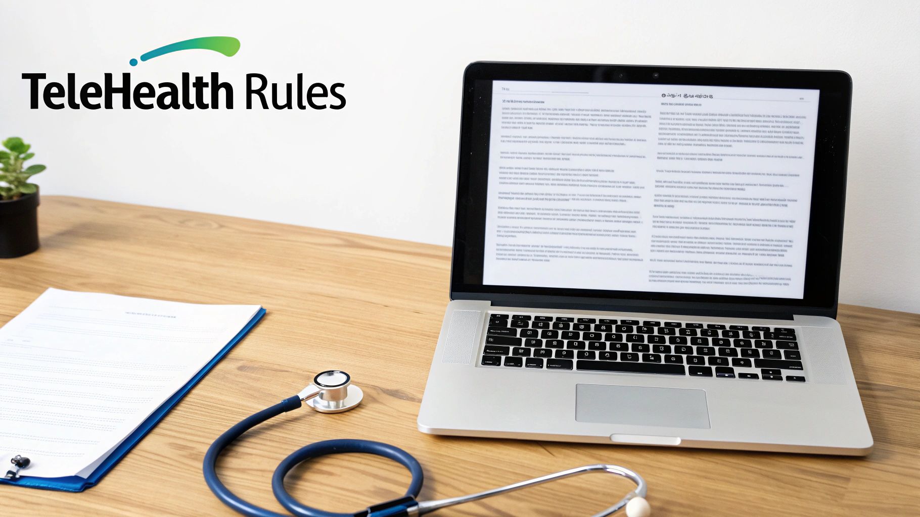 TeleHealth Rules logo with a laptop, stethoscope, and papers on a wooden desk, symbolizing telemedicine regulations.