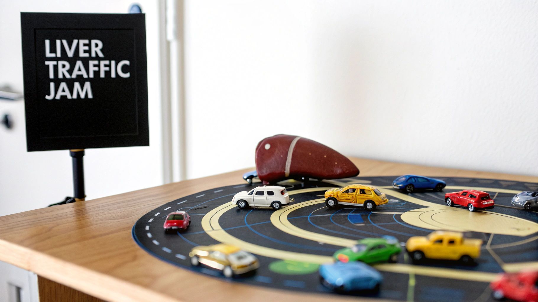 A conceptual display featuring a 'LIVER TRAFFIC JAM' sign, toy cars on a road map, and a liver model.