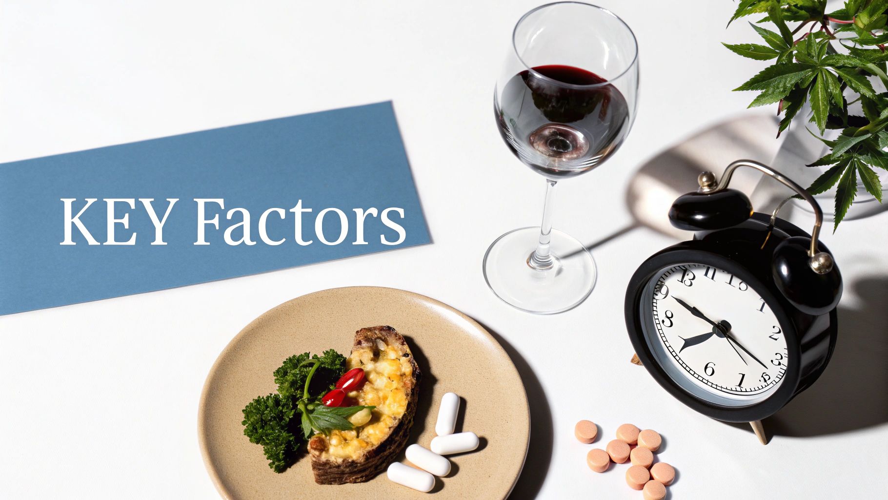 Flat lay of lifestyle factors: a meal, wine, pills, an alarm clock, and 'KEY Factors' text.