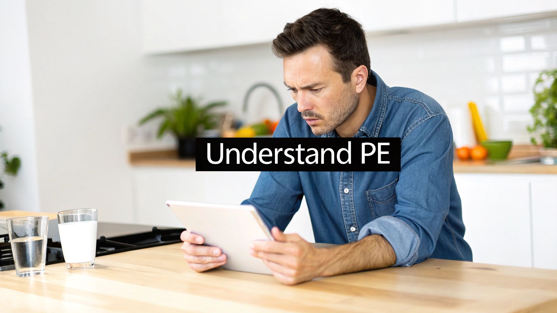 A man with a focused expression holds a tablet in a modern kitchen, with 'Understand PE' text.