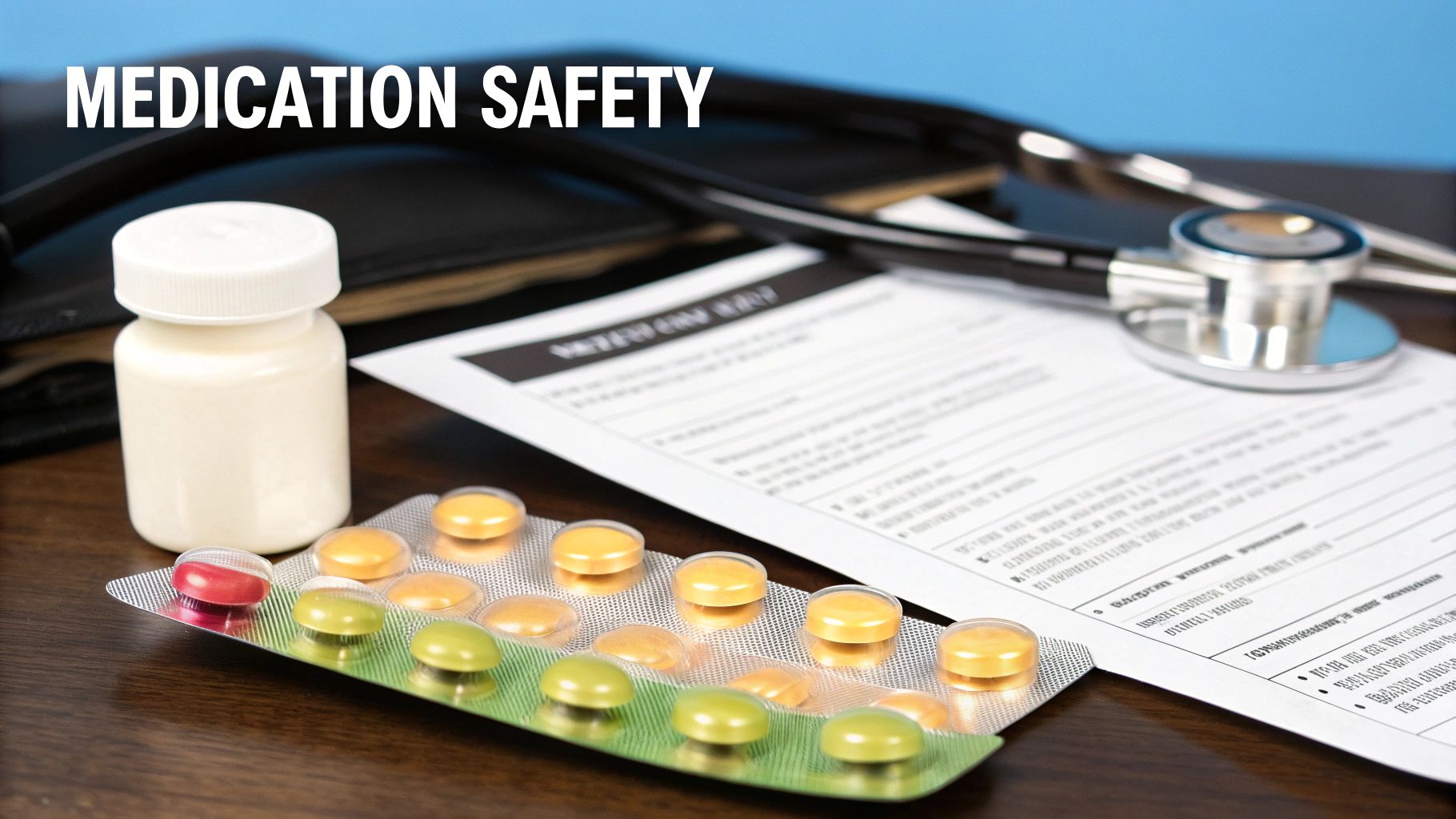 A pill bottle, blister pack of pills, medical form, and stethoscope with 'MEDICATION SAFETY' text.