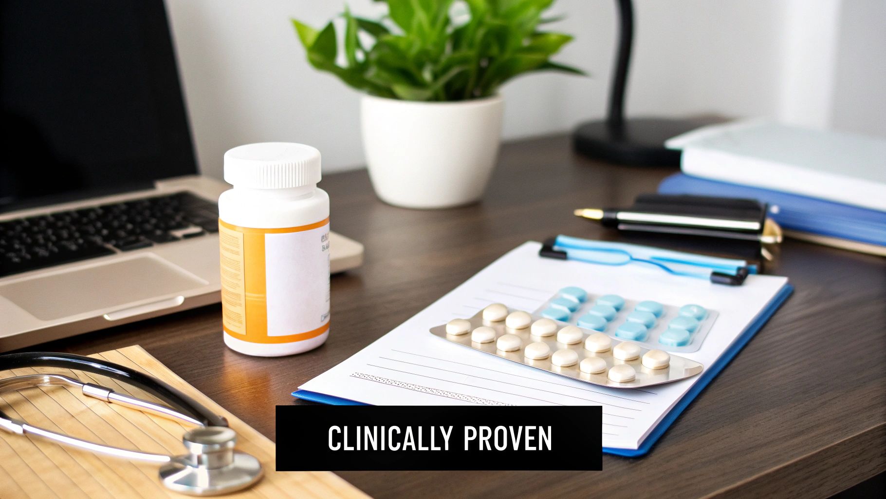 A doctor's desk with pills, a stethoscope, laptop, and clipboard, with 'CLINICALLY PROVEN' overlay.