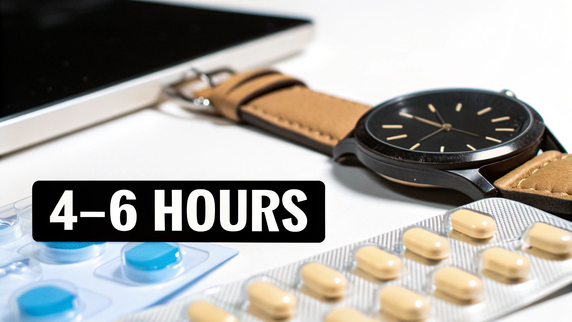 A watch, smartphone, and two blister packs of pills on a white background with '4-6 HOURS' text.