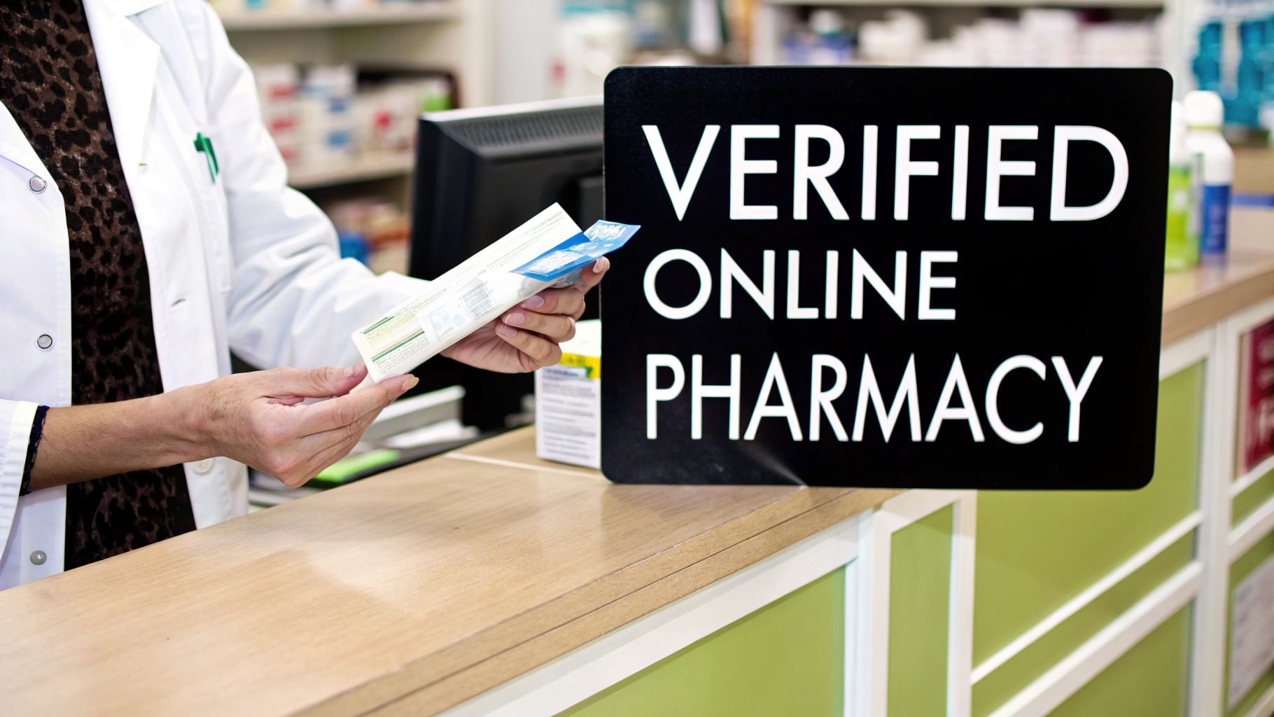 A pharmacist wearing a lab coat and holding a tablet, standing in front of shelves stocked with medication, symbolizing a trustworthy pharmacy.