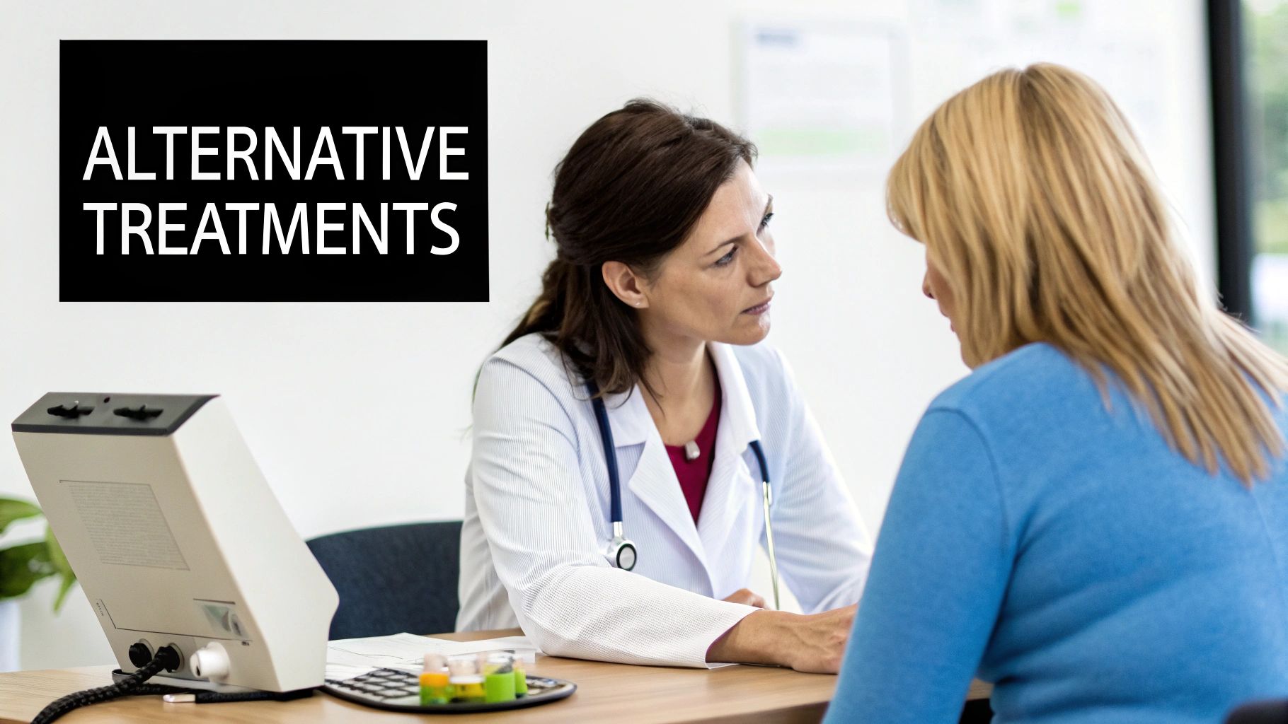 A doctor consults with a patient about alternative treatments in a modern medical office.