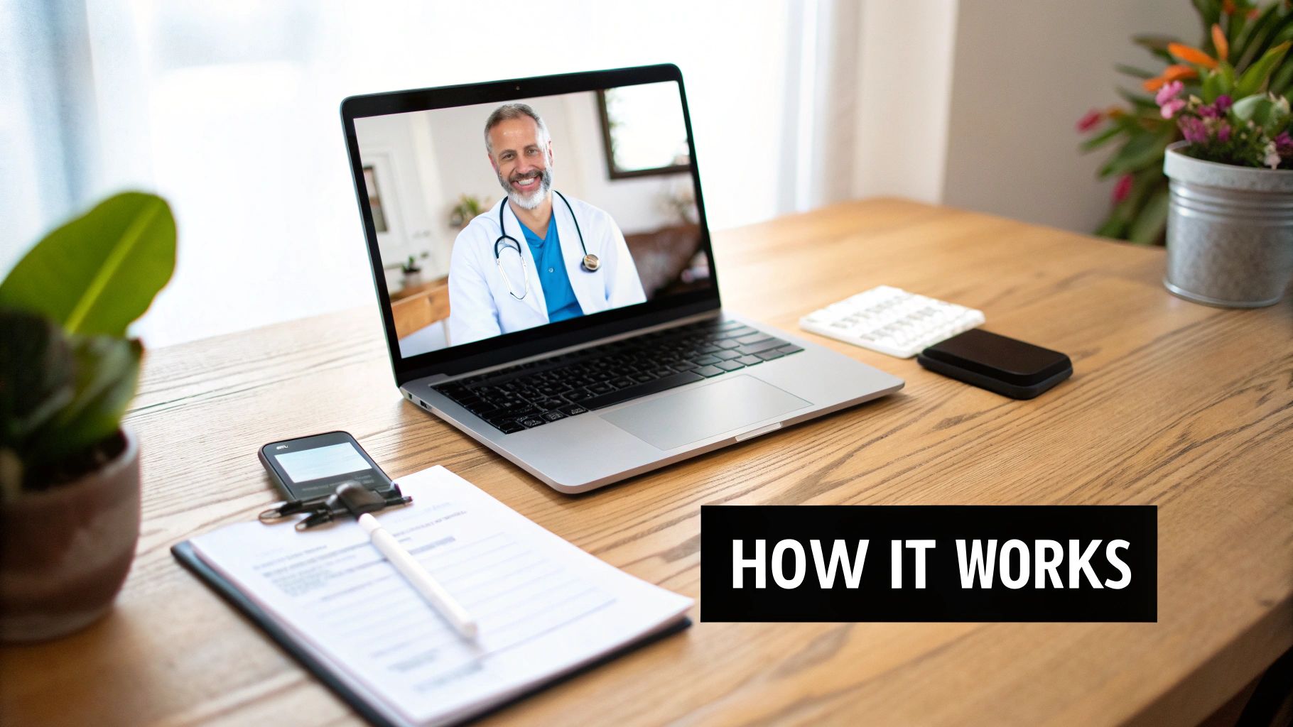 A person using a laptop for a telehealth consultation with a doctor.