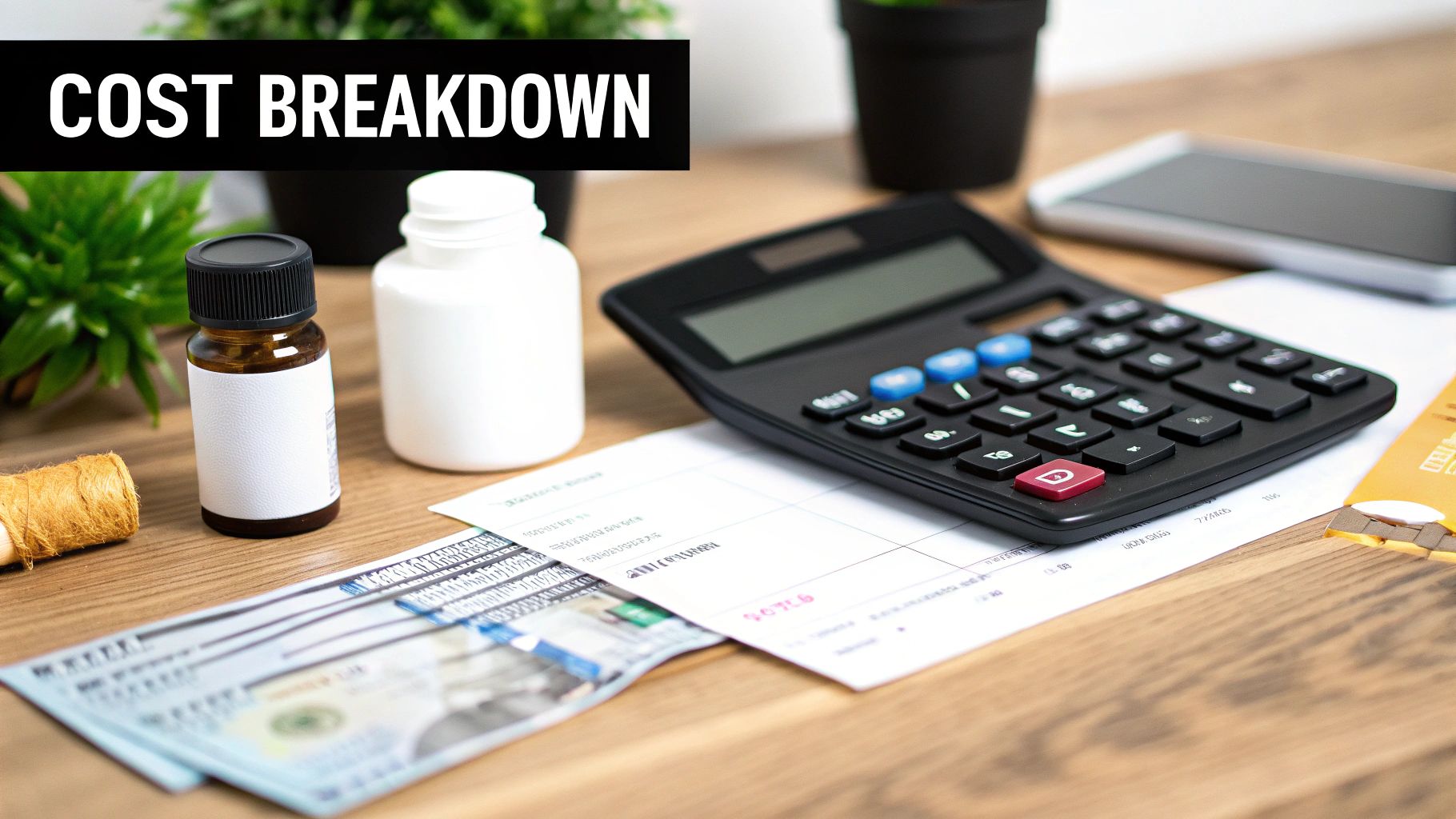 A 'Cost Breakdown' title over a desk with a calculator, dollar bills, and medicine bottles.