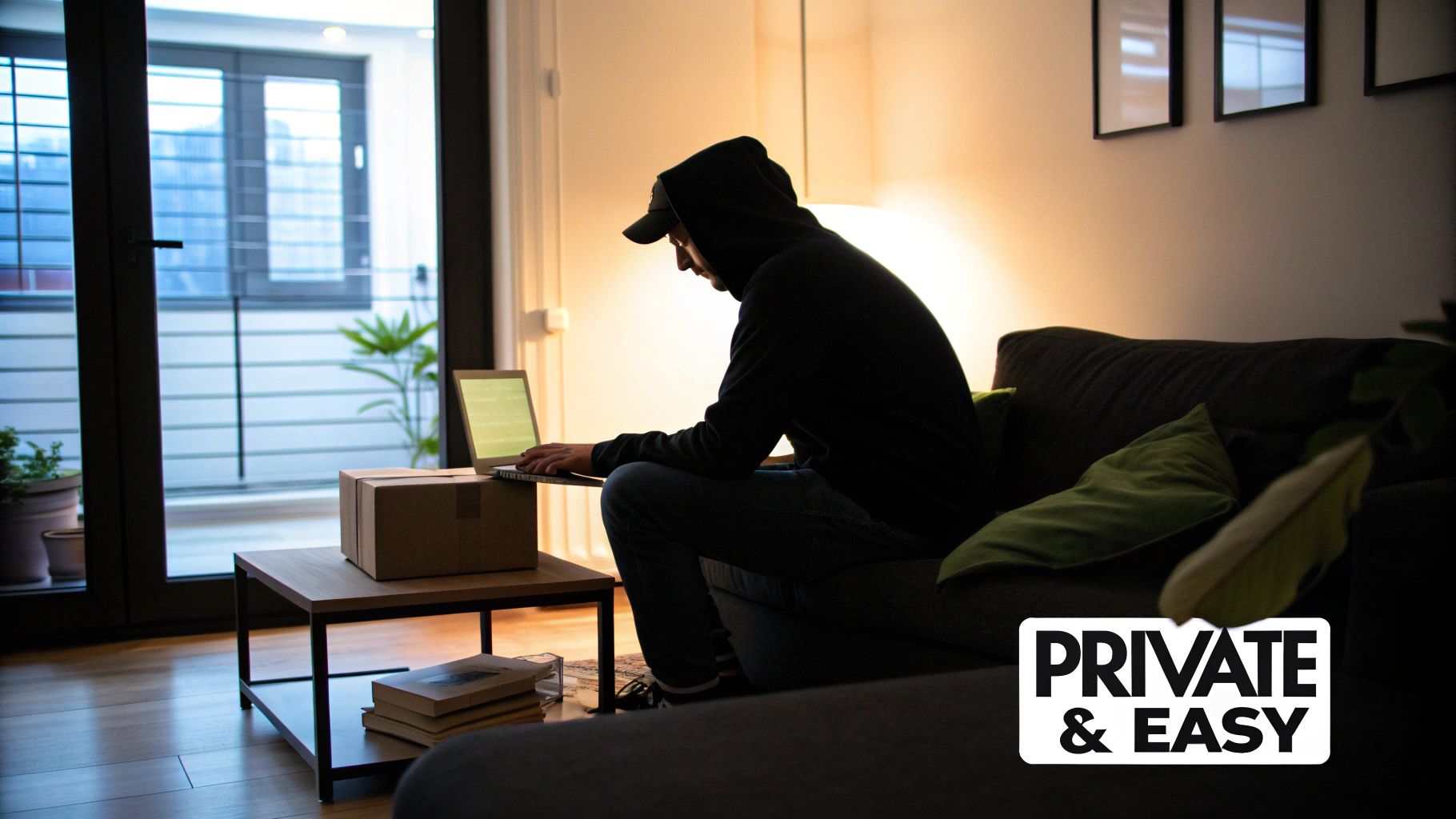 A person in a hoodie privately uses a laptop for online shopping on a sofa.