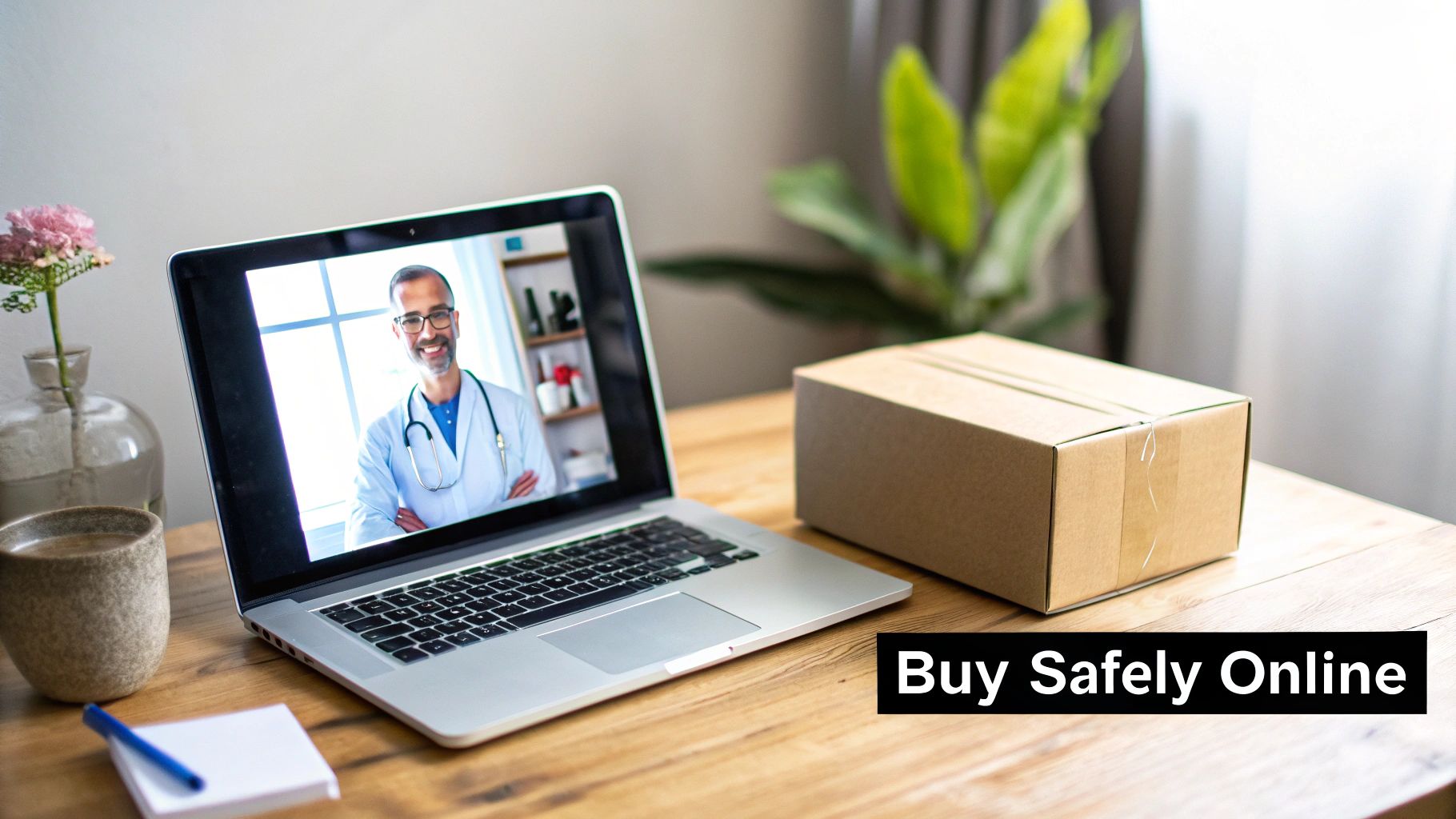 Online doctor consultation on a laptop, with a delivery package and coffee cup on a wooden table.