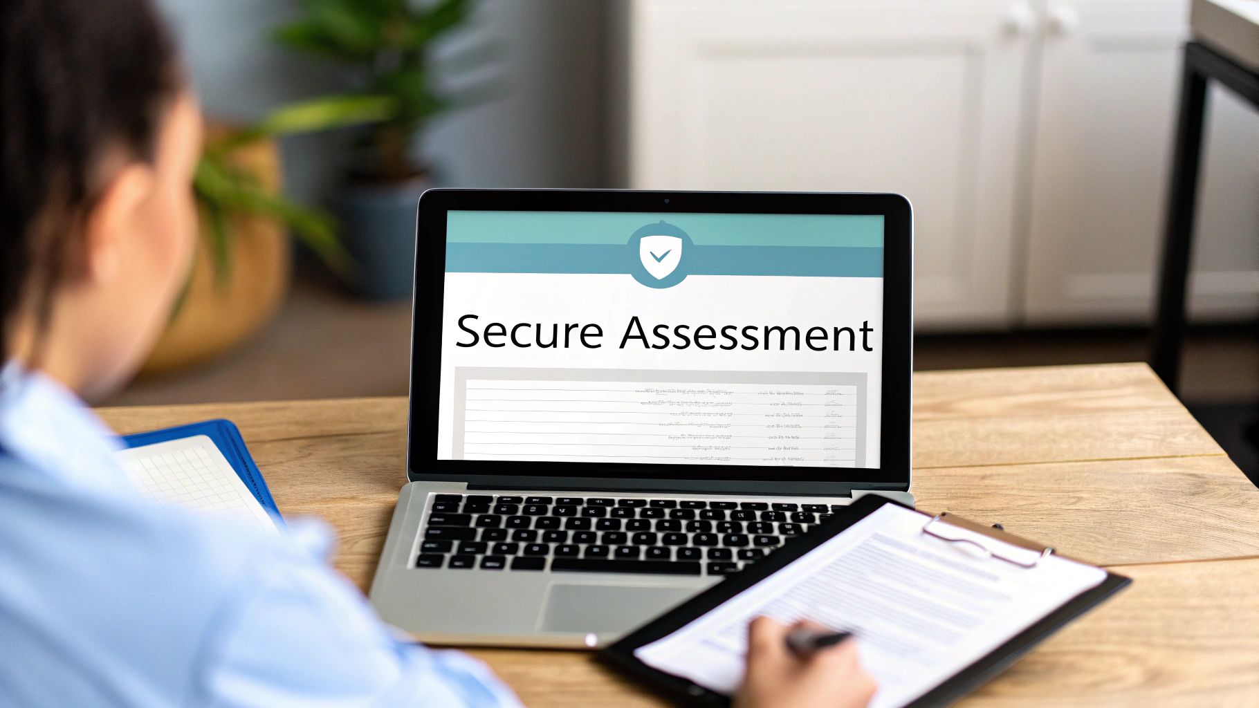 A person works on a laptop displaying 'Secure Assessment' and writes on a clipboard at a desk.