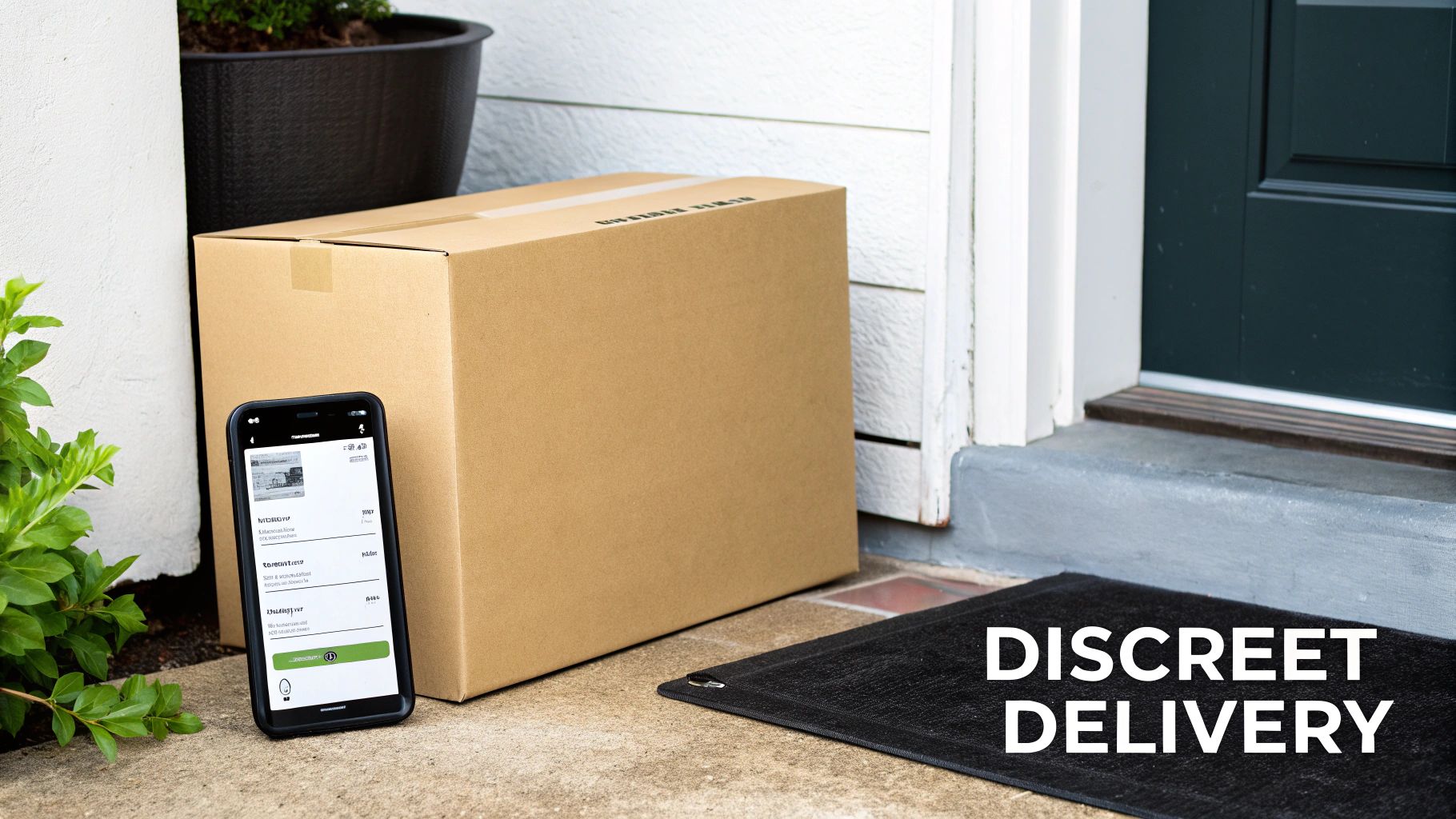 A package and smartphone showing a delivery app on a doorstep, emphasizing discreet delivery.