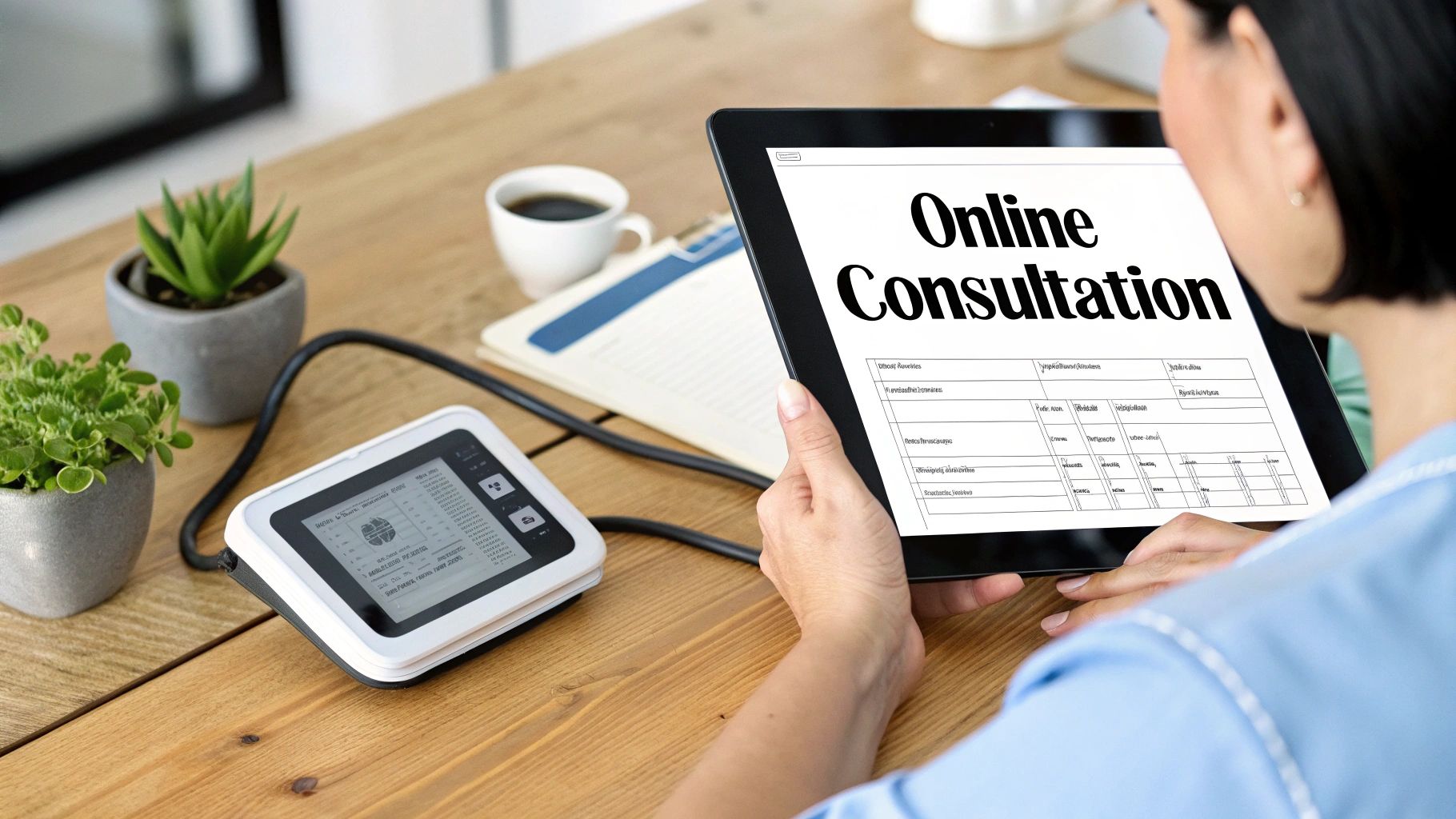 A person views an 'Online Consultation' on a tablet while a medical device sits on a wooden desk.