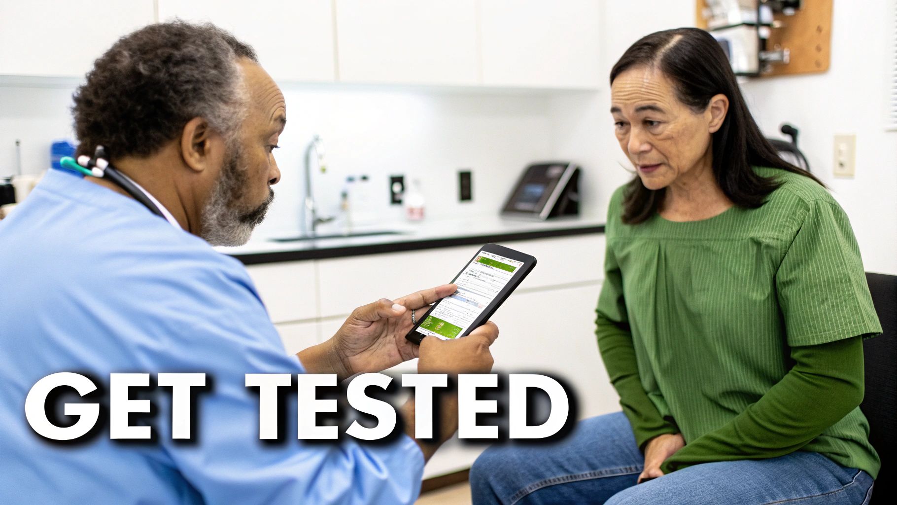 A doctor in Canada having a reassuring conversation with a male patient.