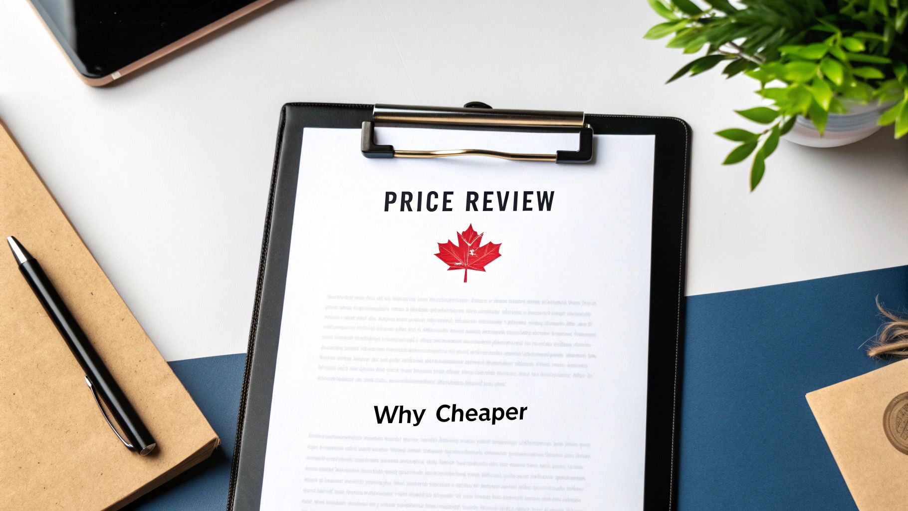 Overhead view of a document titled 'PRICE REVIEW' and 'Why Cheaper' with a Canadian maple leaf on a desk.