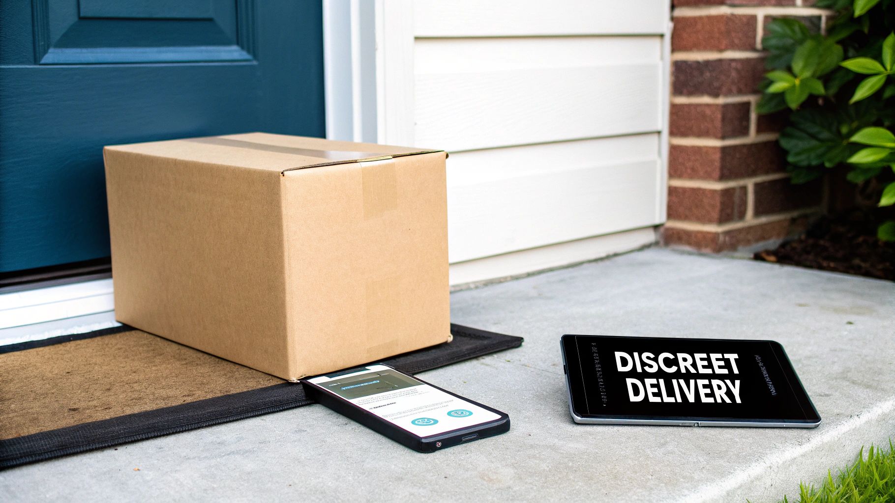 Cardboard box, smartphone, and tablet on a porch, featuring 'DISCREET DELIVERY' text.