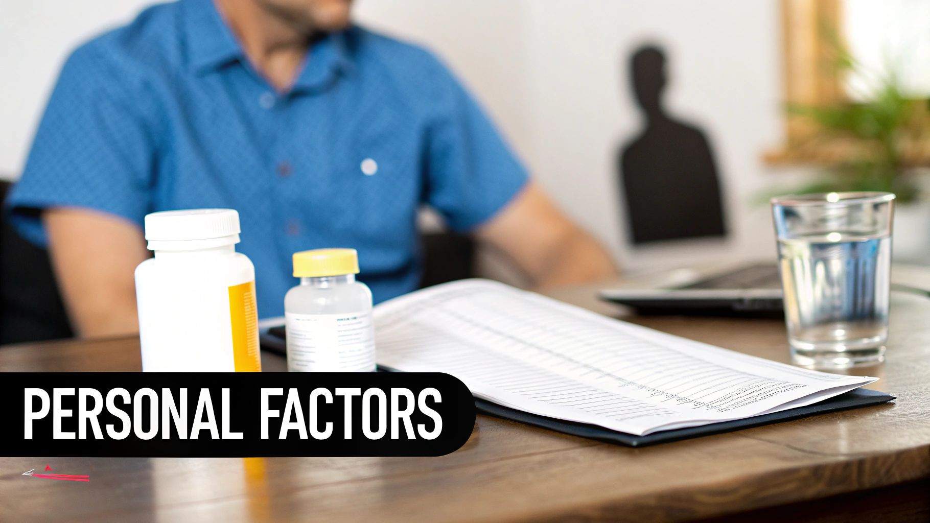 A person sits at a desk with medicine bottles, water, and documents, overlaid with 'PERSONAL FACTORS'.