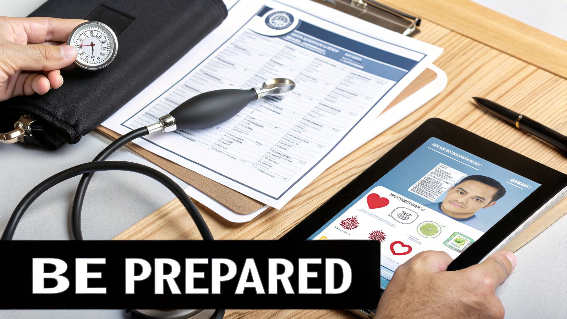 A person holds a blood pressure monitor and a tablet showing medical data, with forms and a pen, on a wooden surface, highlighting preparedness.