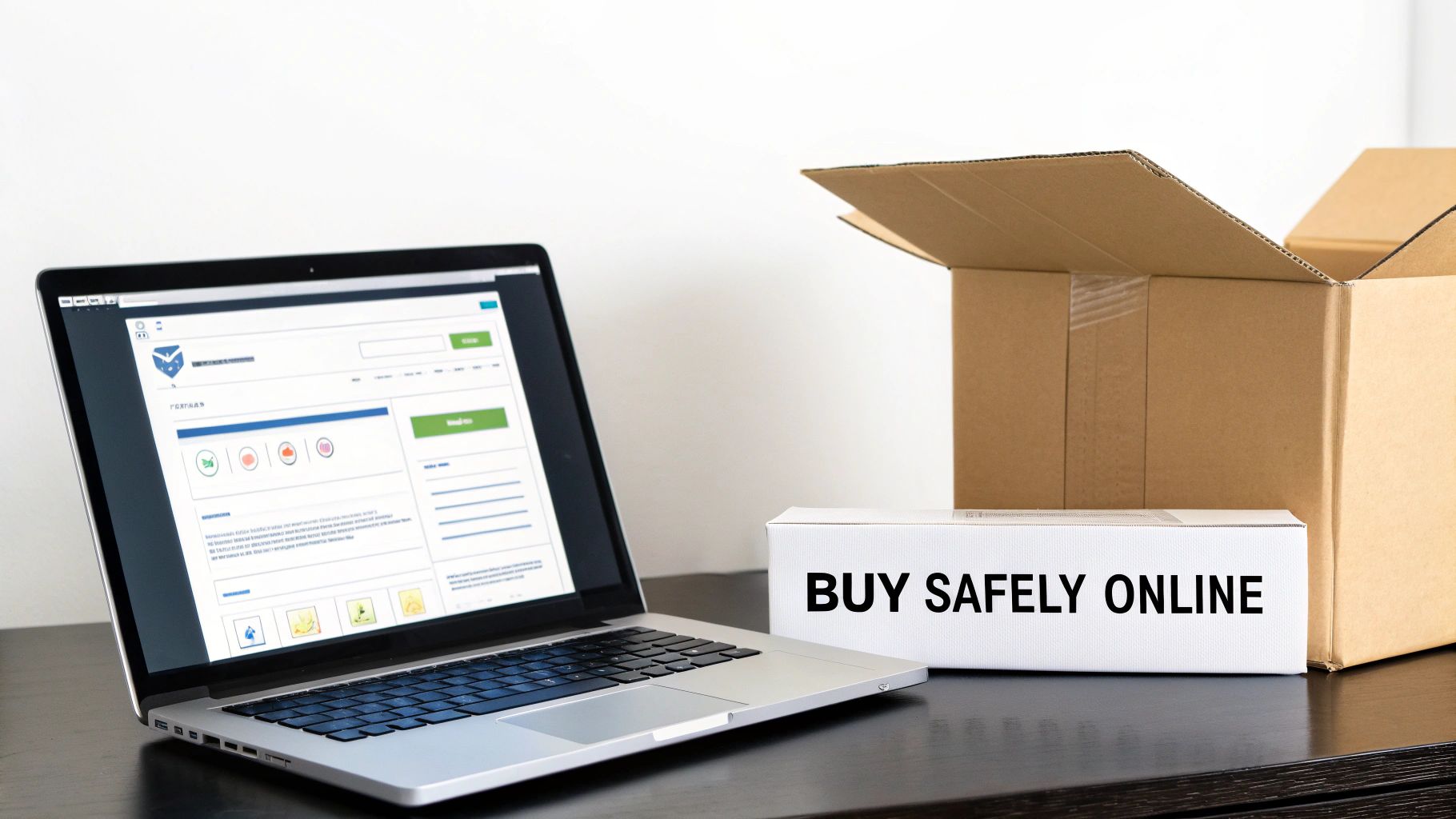 Laptop displaying an online interface, a white box with 'BUY SAFELY ONLINE' text, and an open cardboard box.